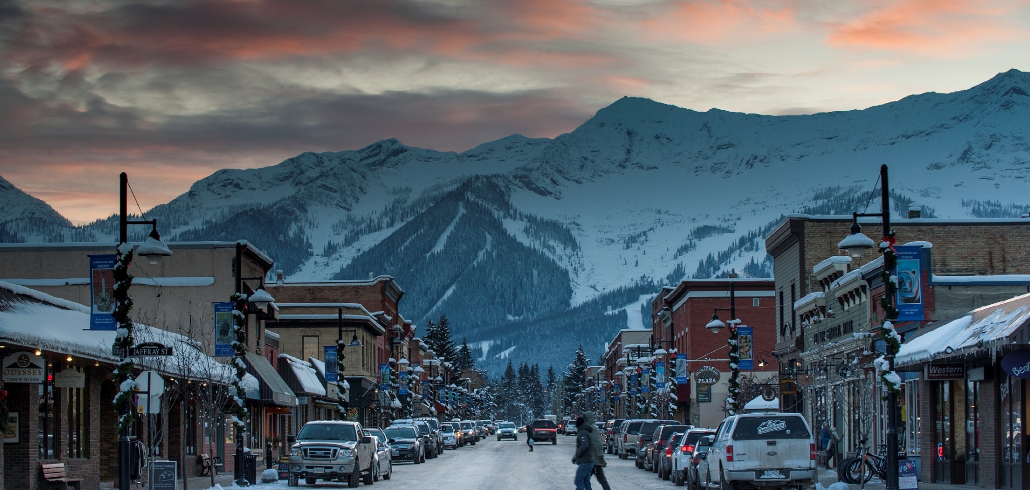 View of downtown Fernie's main street at dusk in the winter | 