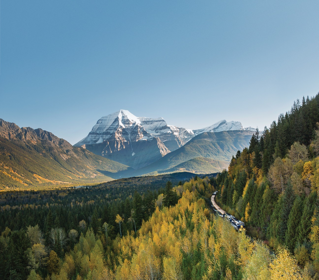 Aerial view of a train making its way along the side of a forested mountain, heading toward the camera. In the distance are snow-covered mountain peaks.