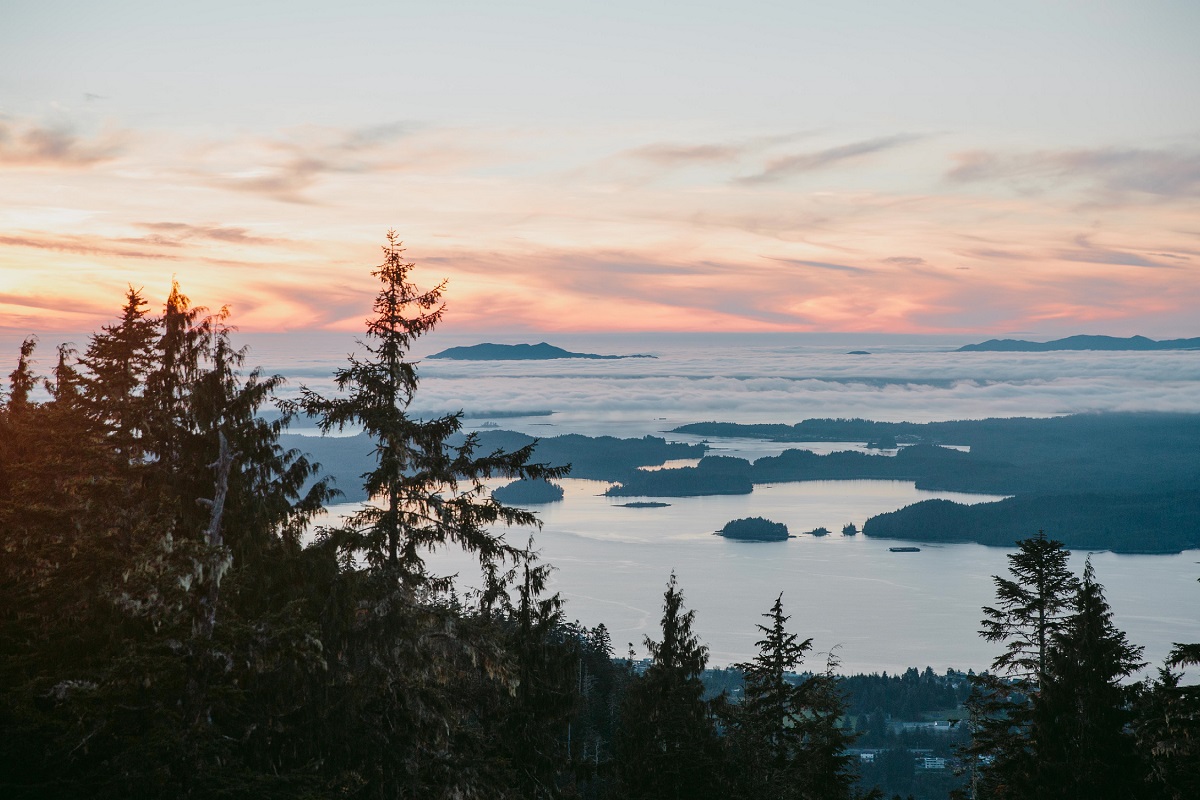 Sunset over the ocean from a mountain top