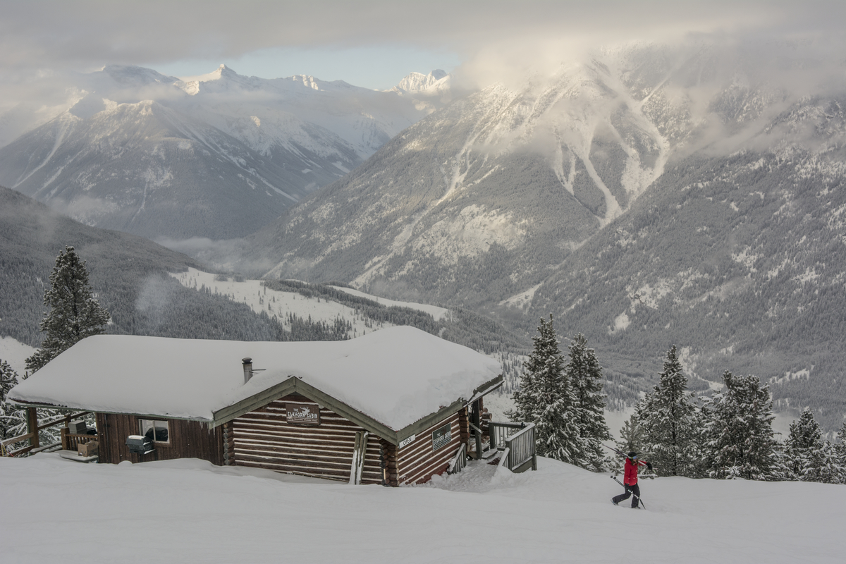 A skiier near the lodge at Panorama Mountain Resort in the Kootenay Rockies