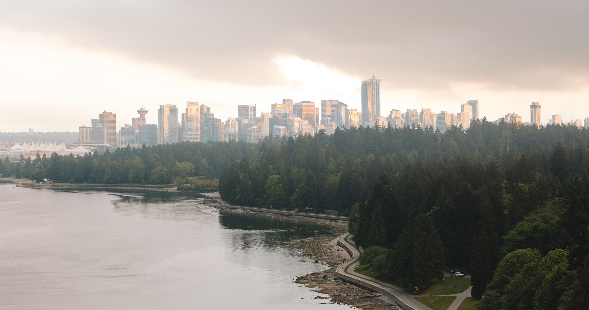 Stanley Park, seawall and Vancouver skyline from Lions Gate Bridge | Alex Atrohl