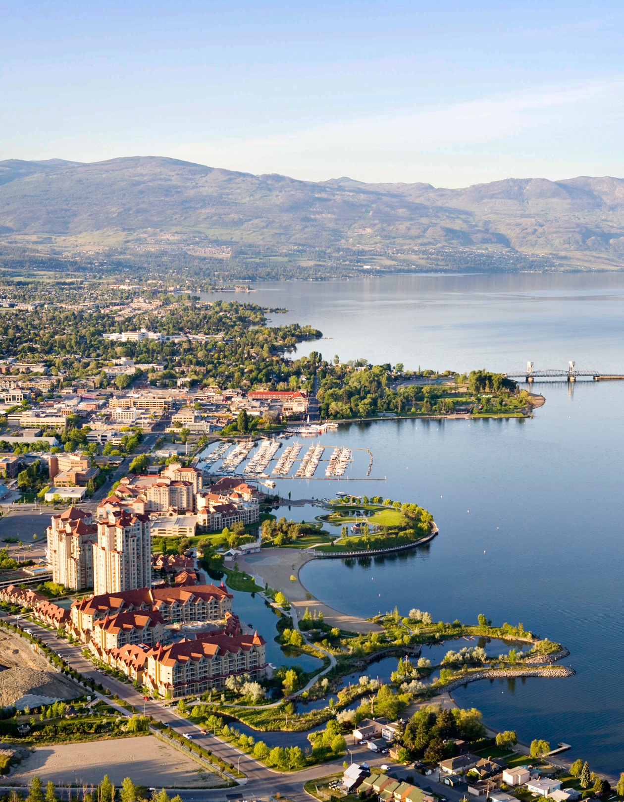 Aerial of Delta Grand Okanagan Resort on the lake.