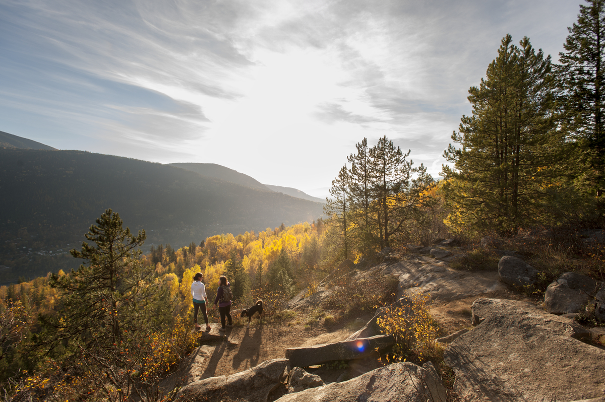 Two hikers take in the view from a trail 