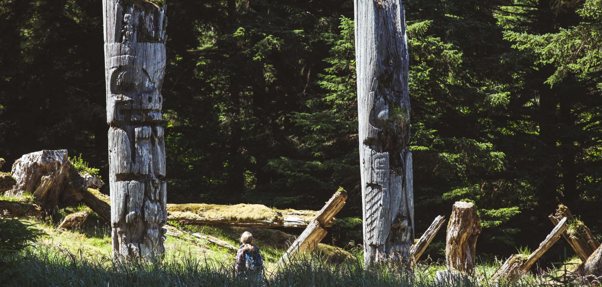 Totems at SGang Gwaay Llanagaay, Gwaii Haanas National Park Reserve and Haida Heritage Site, Haida Gwaii