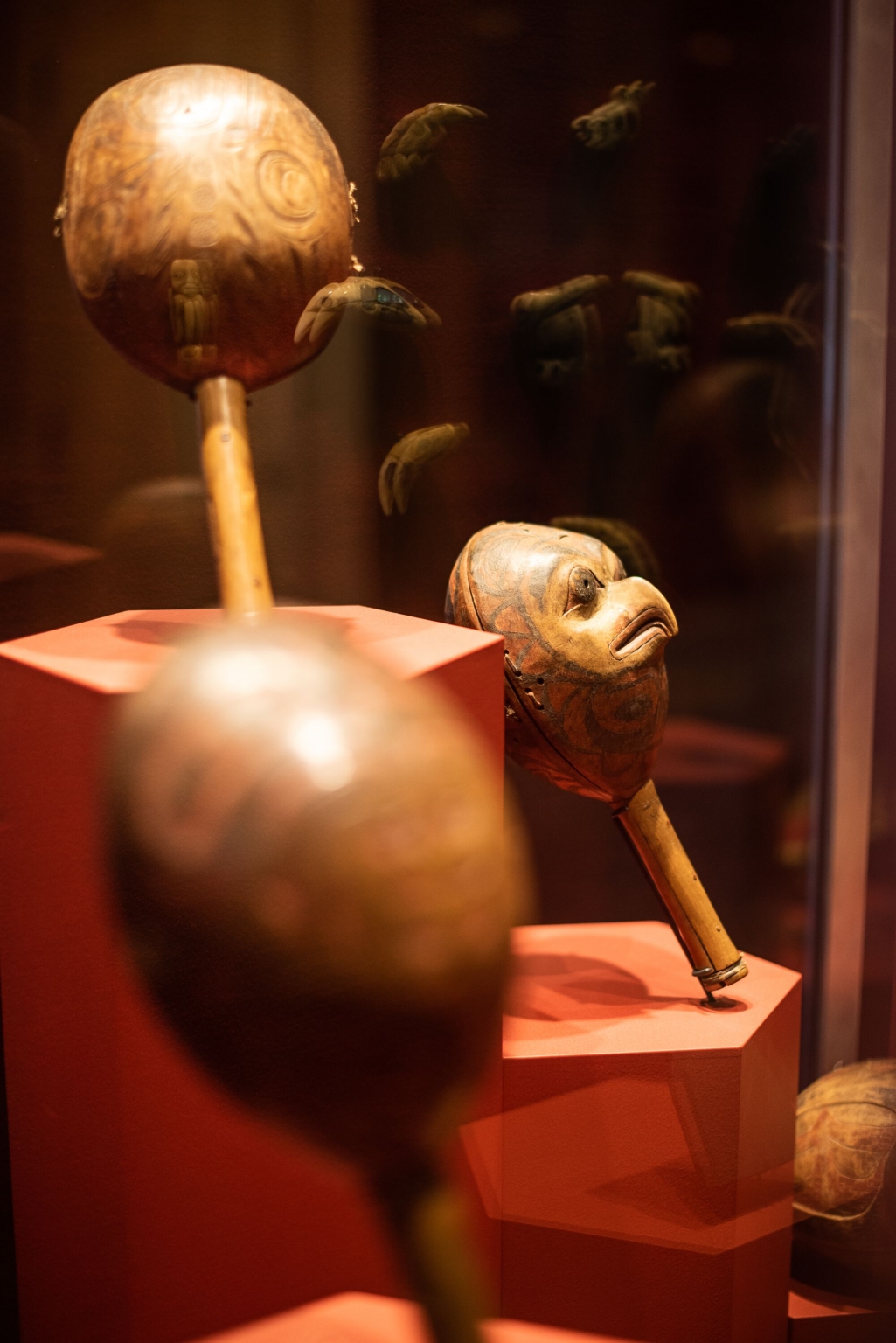 Carved wooden masks in an exhibit 